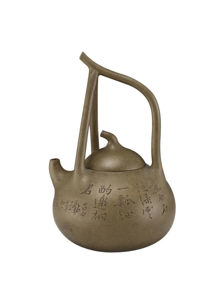 清曼生铭南瓜提梁紫砂壶，曼生十八式，段泥紫砂古壶，壶身刻诗文煮白石泛绿云一瓢细酌邀桐君