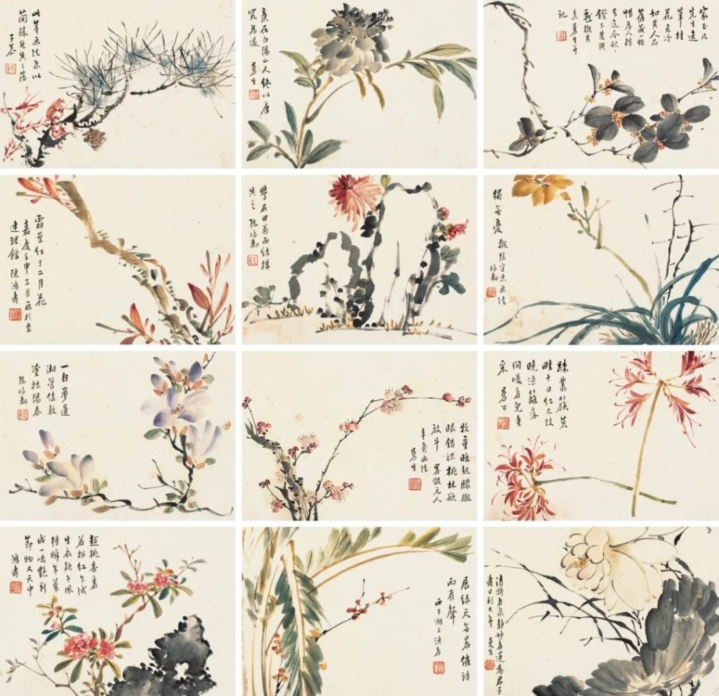 陈鸿寿花卉册十二开，清代文人花卉绘画作品
